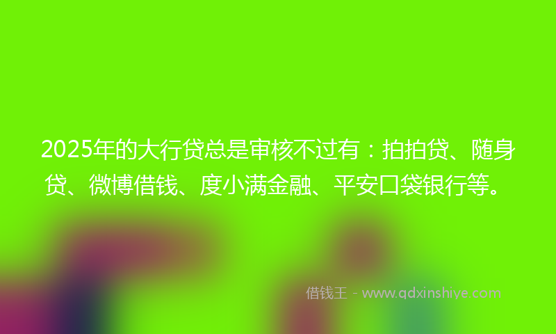 2025年的大行贷总是审核不过有：拍拍贷、随身贷、微博借钱、度小满金融、平安口袋银行等。