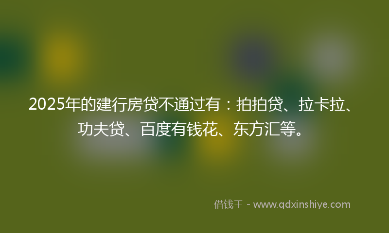 2025年的建行房贷不通过有：拍拍贷、拉卡拉、功夫贷、百度有钱花、东方汇等。