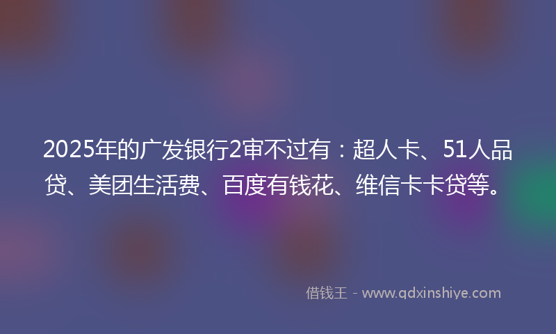 2025年的广发银行2审不过有：超人卡、51人品贷、美团生活费、百度有钱花、维信卡卡贷等。