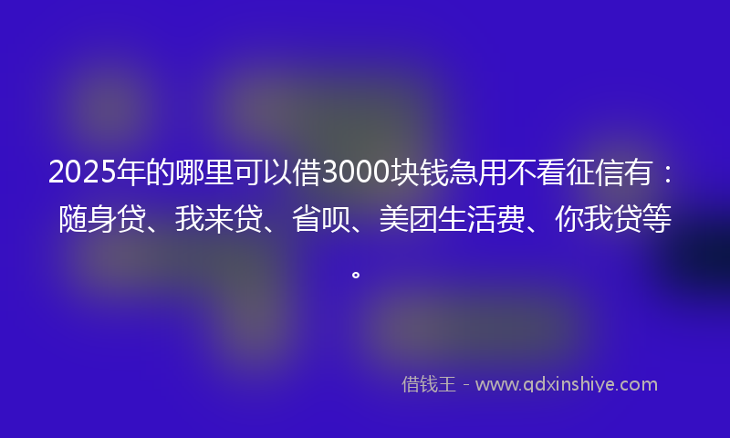 2025年的哪里可以借3000块钱急用不看征信有：随身贷、我来贷、省呗、美团生活费、你我贷等。