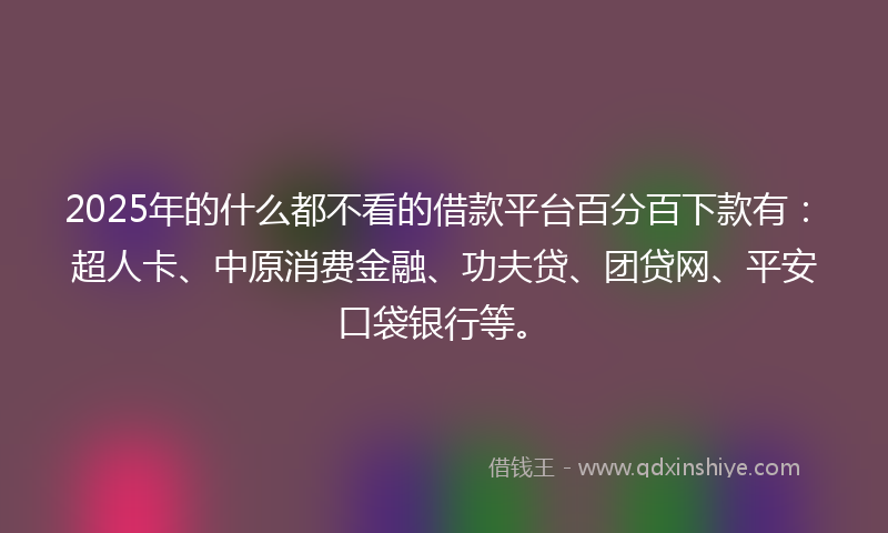 2025年的什么都不看的借款平台百分百下款有：超人卡、中原消费金融、功夫贷、团贷网、平安口袋银行等。
