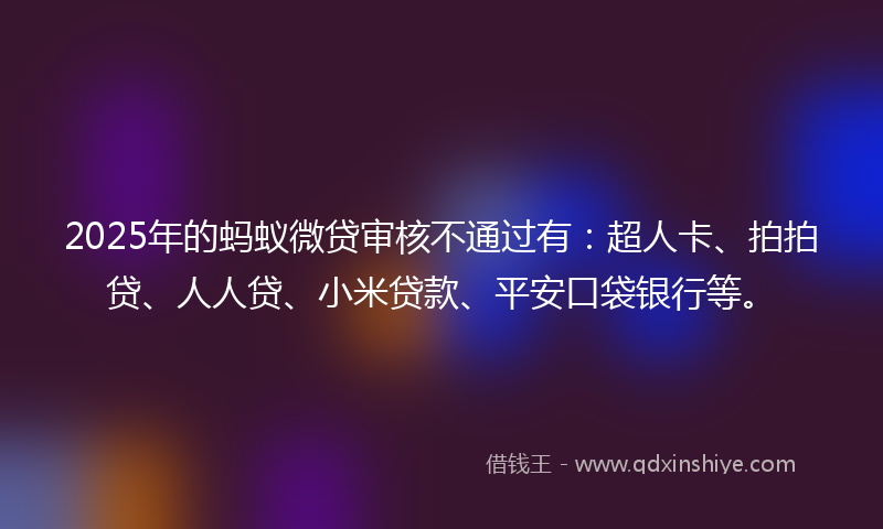 2025年的蚂蚁微贷审核不通过有：超人卡、拍拍贷、人人贷、小米贷款、平安口袋银行等。