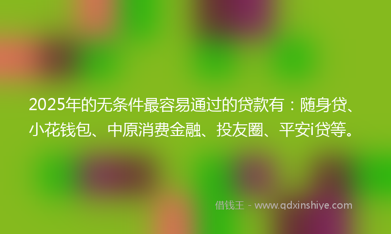 2025年的无条件最容易通过的贷款有：随身贷、小花钱包、中原消费金融、投友圈、平安i贷等。