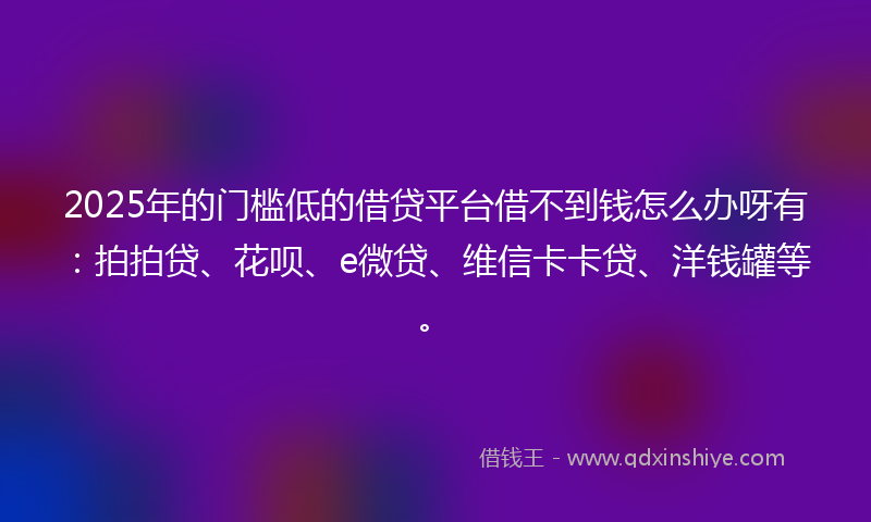 2025年的门槛低的借贷平台借不到钱怎么办呀有：拍拍贷、花呗、e微贷、维信卡卡贷、洋钱罐等。
