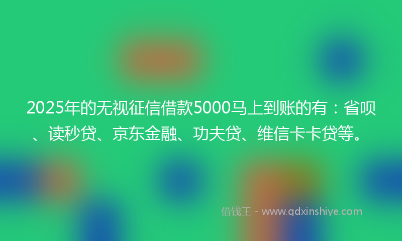 2025年的无视征信借款5000马上到账的有：省呗、读秒贷、京东金融、功夫贷、维信卡卡贷等。