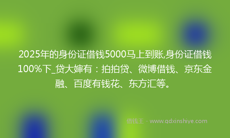 2025年的身份证借钱5000马上到账,身份证借钱100%下_贷大婶有：拍拍贷、微博借钱、京东金融、百度有钱花、东方汇等。