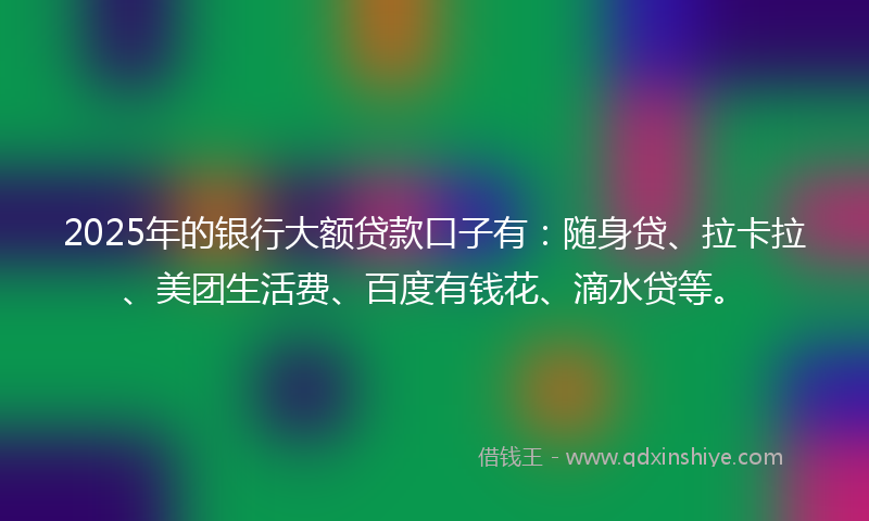 2025年的银行大额贷款口子有：随身贷、拉卡拉、美团生活费、百度有钱花、滴水贷等。