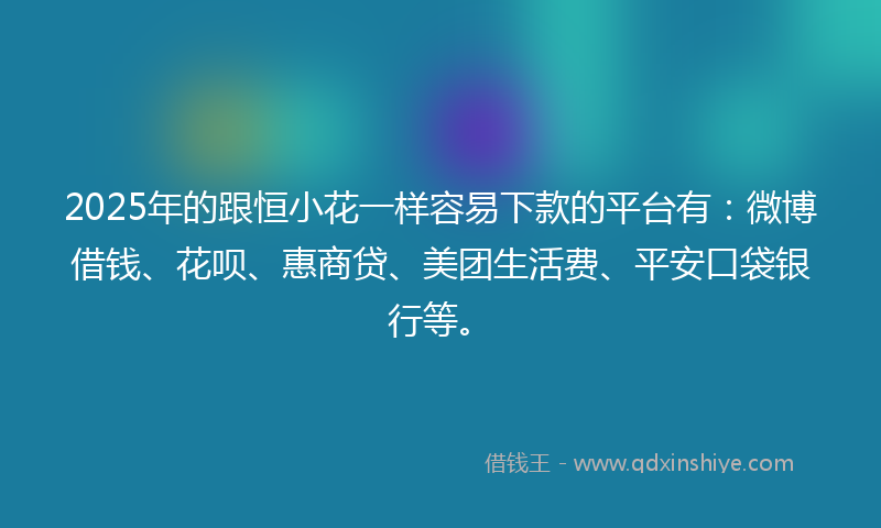 2025年的跟恒小花一样容易下款的平台有：微博借钱、花呗、惠商贷、美团生活费、平安口袋银行等。