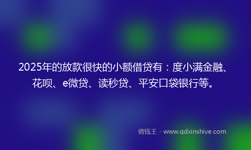 2025年的放款很快的小额借贷有：度小满金融、花呗、e微贷、读秒贷、平安口袋银行等。