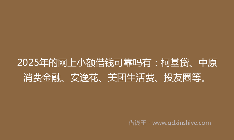 2025年的网上小额借钱可靠吗有：柯基贷、中原消费金融、安逸花、美团生活费、投友圈等。