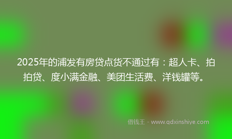 2025年的浦发有房贷点货不通过有：超人卡、拍拍贷、度小满金融、美团生活费、洋钱罐等。