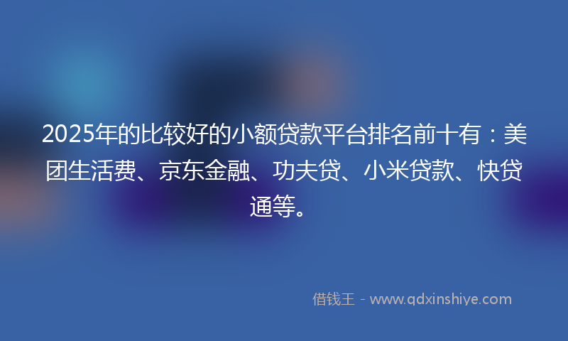 2025年的比较好的小额贷款平台排名前十有：美团生活费、京东金融、功夫贷、小米贷款、快贷通等。