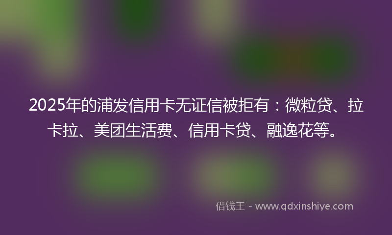 2025年的浦发信用卡无证信被拒有：微粒贷、拉卡拉、美团生活费、信用卡贷、融逸花等。
