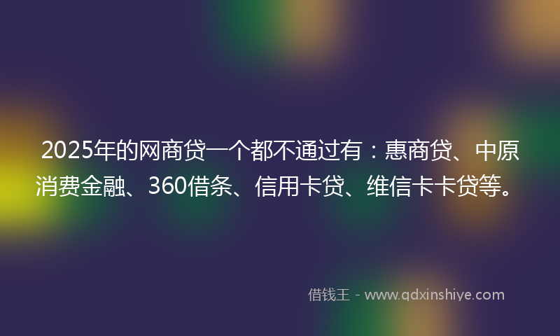 2025年的网商贷一个都不通过有：惠商贷、中原消费金融、360借条、信用卡贷、维信卡卡贷等。