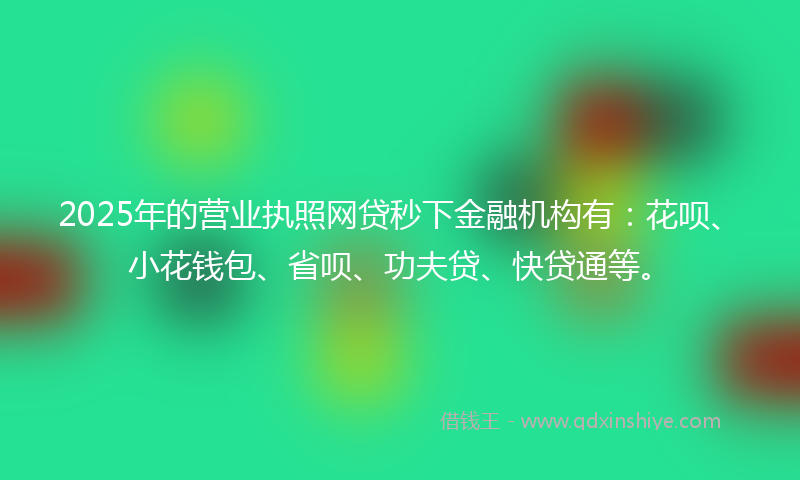 2025年的营业执照网贷秒下金融机构有：花呗、小花钱包、省呗、功夫贷、快贷通等。