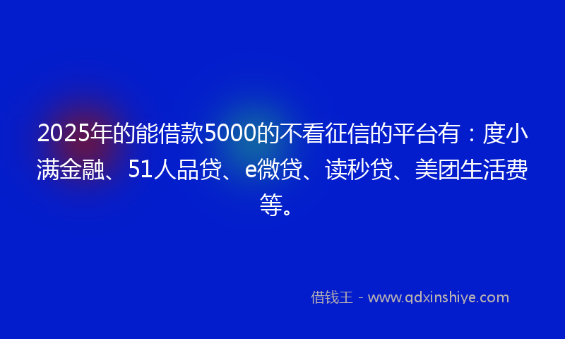 2025年的能借款5000的不看征信的平台有：度小满金融、51人品贷、e微贷、读秒贷、美团生活费等。