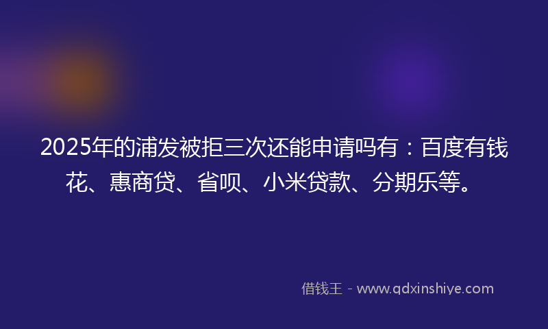 2025年的浦发被拒三次还能申请吗有：百度有钱花、惠商贷、省呗、小米贷款、分期乐等。