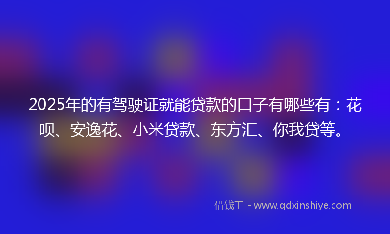 2025年的有驾驶证就能贷款的口子有哪些有：花呗、安逸花、小米贷款、东方汇、你我贷等。