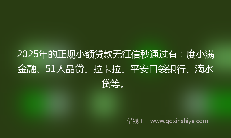 2025年的正规小额贷款无征信秒通过有：度小满金融、51人品贷、拉卡拉、平安口袋银行、滴水贷等。