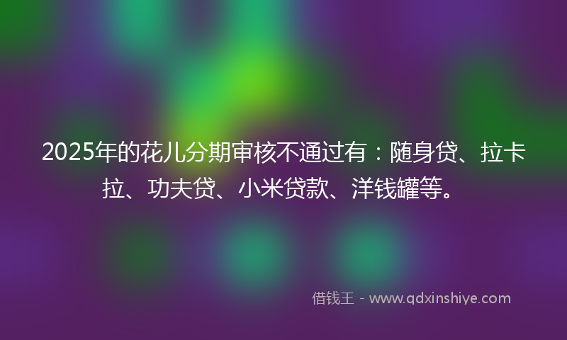 2025年的花儿分期审核不通过有：随身贷、拉卡拉、功夫贷、小米贷款、洋钱罐等。