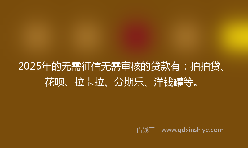 2025年的无需征信无需审核的贷款有：拍拍贷、花呗、拉卡拉、分期乐、洋钱罐等。