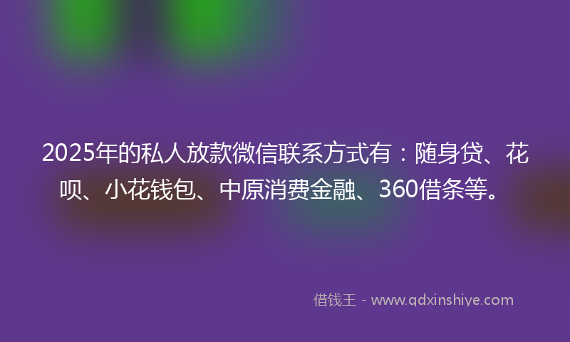 2025年的私人放款微信联系方式有：随身贷、花呗、小花钱包、中原消费金融、360借条等。