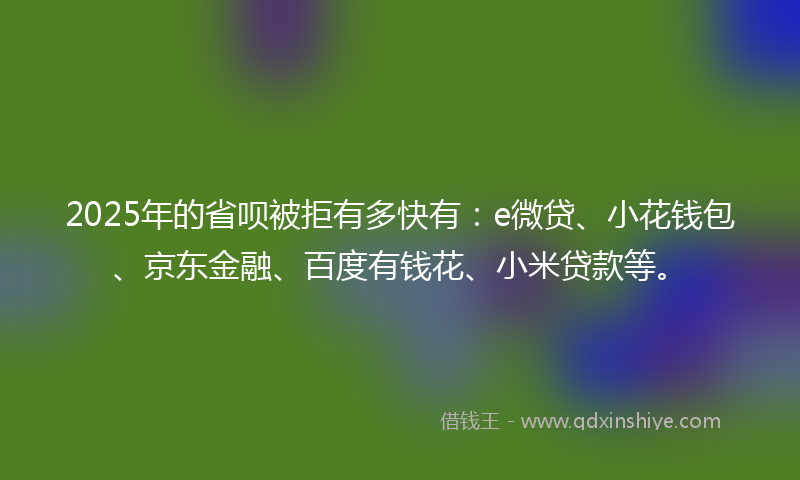 2025年的省呗被拒有多快有：e微贷、小花钱包、京东金融、百度有钱花、小米贷款等。