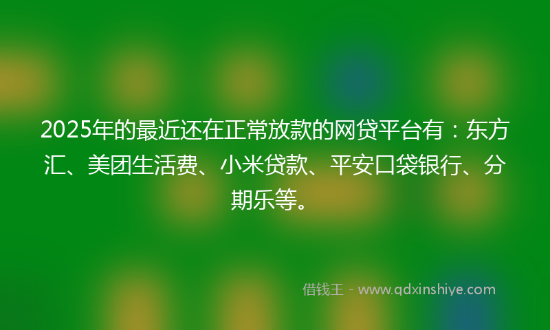 2025年的最近还在正常放款的网贷平台有：东方汇、美团生活费、小米贷款、平安口袋银行、分期乐等。