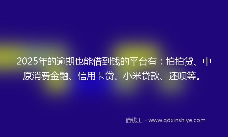 2025年的逾期也能借到钱的平台有：拍拍贷、中原消费金融、信用卡贷、小米贷款、还呗等。