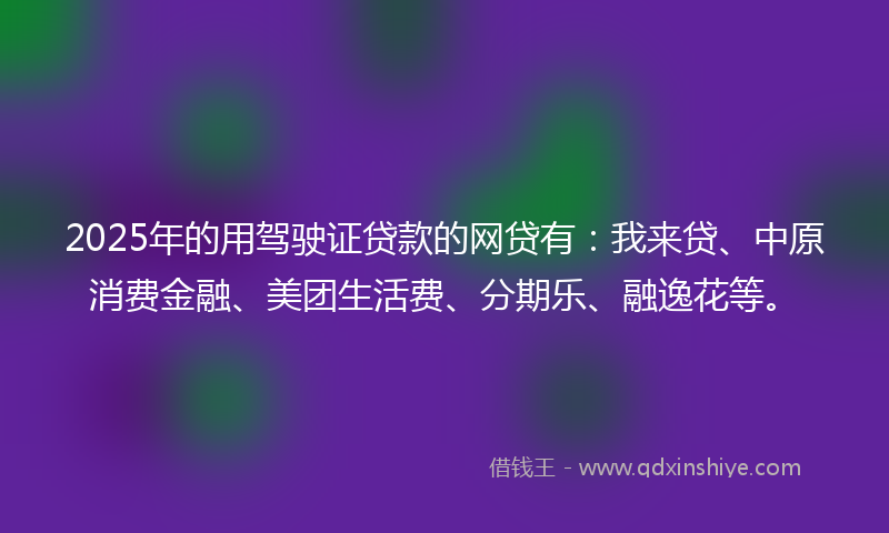 2025年的用驾驶证贷款的网贷有：我来贷、中原消费金融、美团生活费、分期乐、融逸花等。