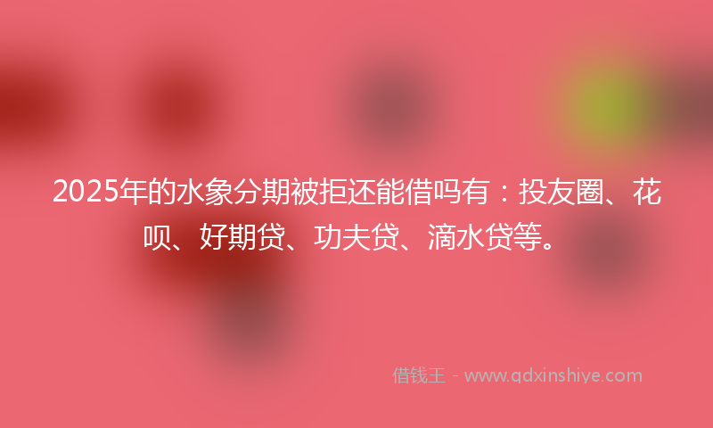 2025年的水象分期被拒还能借吗有：投友圈、花呗、好期贷、功夫贷、滴水贷等。