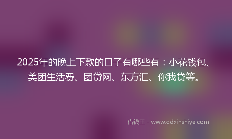 2025年的晚上下款的口子有哪些有：小花钱包、美团生活费、团贷网、东方汇、你我贷等。