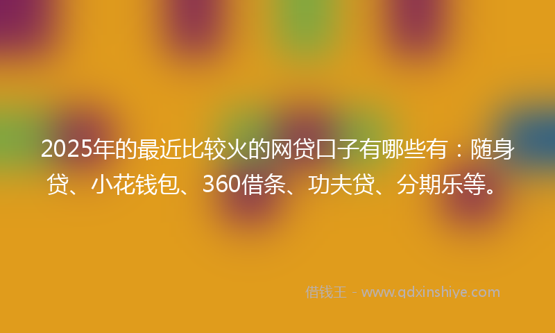 2025年的最近比较火的网贷口子有哪些有：随身贷、小花钱包、360借条、功夫贷、分期乐等。