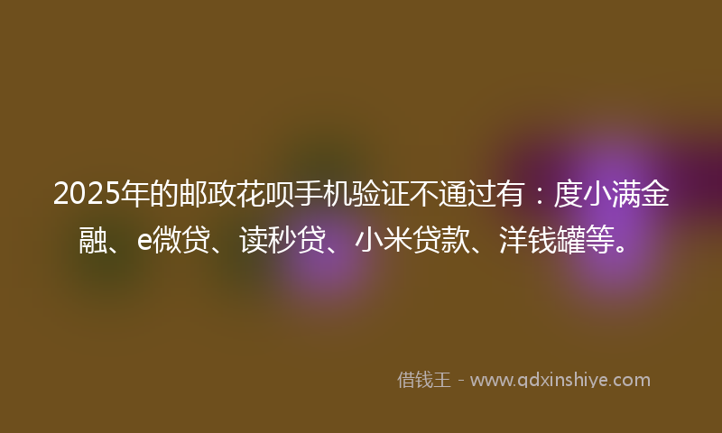 2025年的邮政花呗手机验证不通过有：度小满金融、e微贷、读秒贷、小米贷款、洋钱罐等。