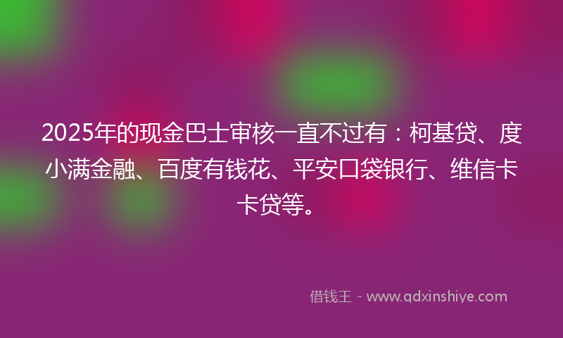 2025年的现金巴士审核一直不过有：柯基贷、度小满金融、百度有钱花、平安口袋银行、维信卡卡贷等。