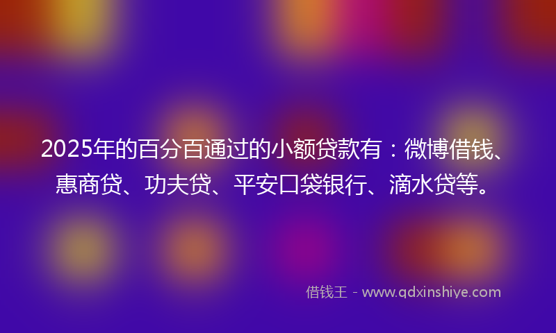 2025年的百分百通过的小额贷款有：微博借钱、惠商贷、功夫贷、平安口袋银行、滴水贷等。