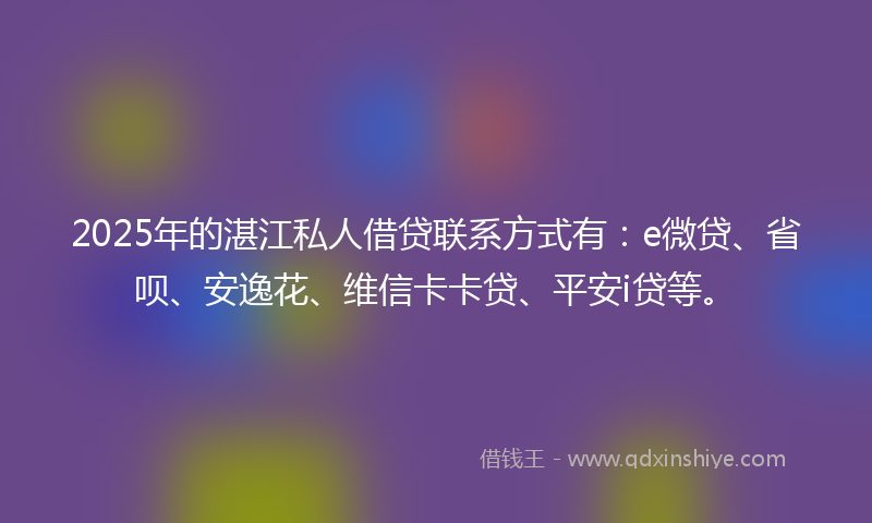 2025年的湛江私人借贷联系方式有：e微贷、省呗、安逸花、维信卡卡贷、平安i贷等。