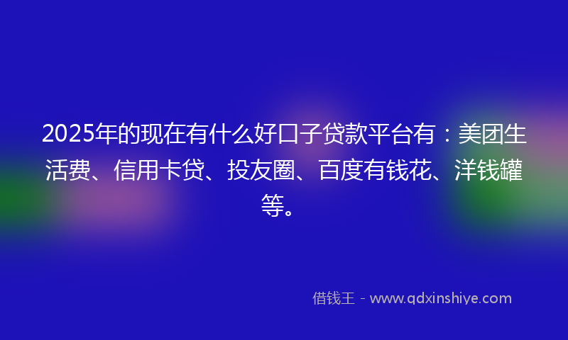 2025年的现在有什么好口子贷款平台有：美团生活费、信用卡贷、投友圈、百度有钱花、洋钱罐等。
