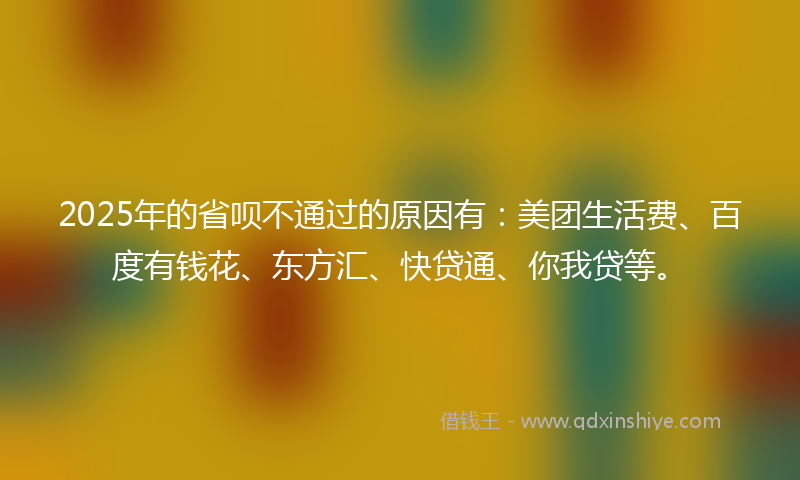 2025年的省呗不通过的原因有：美团生活费、百度有钱花、东方汇、快贷通、你我贷等。