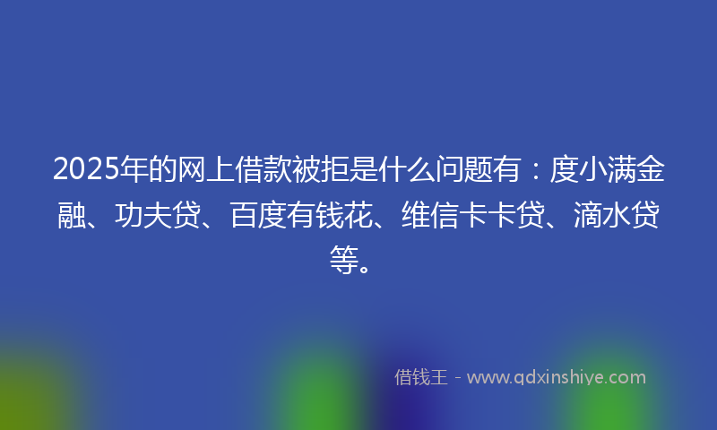 2025年的网上借款被拒是什么问题有：度小满金融、功夫贷、百度有钱花、维信卡卡贷、滴水贷等。