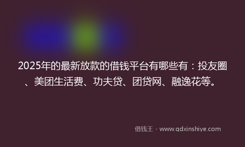 2025年的最新放款的借钱平台有哪些有：投友圈、美团生活费、功夫贷、团贷网、融逸花等。