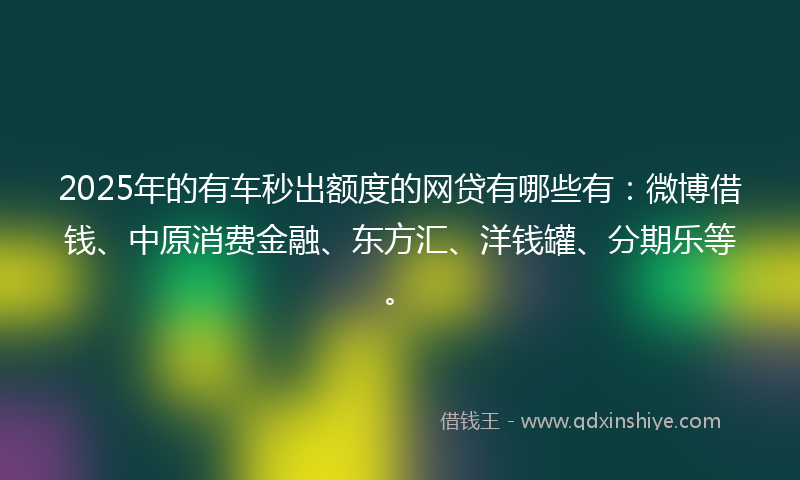 2025年的有车秒出额度的网贷有哪些有：微博借钱、中原消费金融、东方汇、洋钱罐、分期乐等。