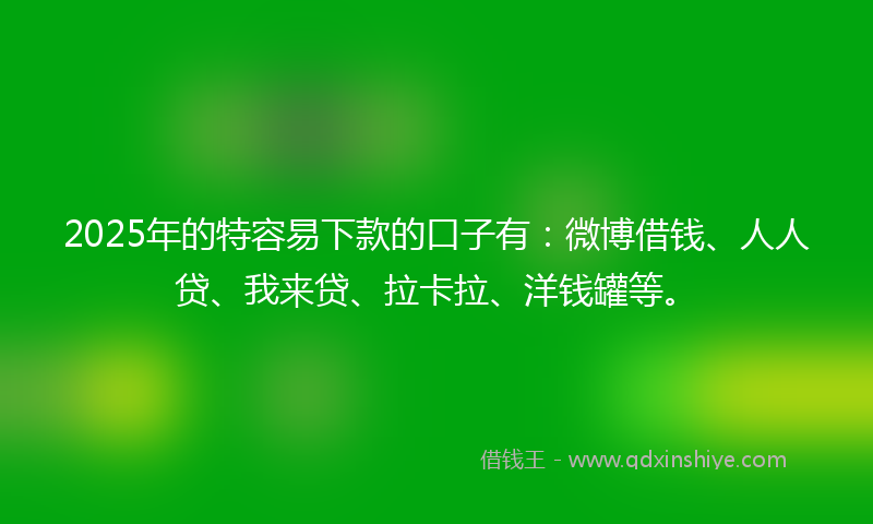 2025年的特容易下款的口子有：微博借钱、人人贷、我来贷、拉卡拉、洋钱罐等。