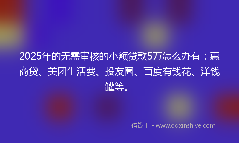 2025年的无需审核的小额贷款5万怎么办有：惠商贷、美团生活费、投友圈、百度有钱花、洋钱罐等。