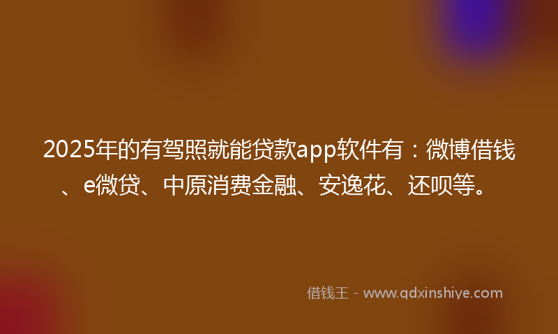 2025年的有驾照就能贷款app软件有：微博借钱、e微贷、中原消费金融、安逸花、还呗等。