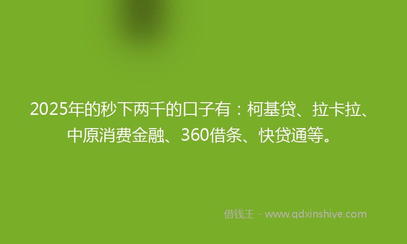 2025年的秒下两千的口子有：柯基贷、拉卡拉、中原消费金融、360借条、快贷通等。