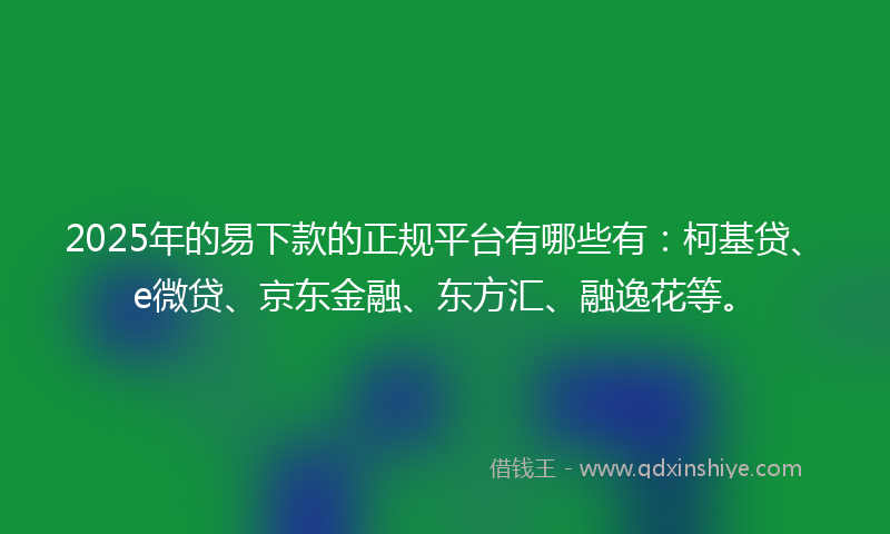 2025年的易下款的正规平台有哪些有：柯基贷、e微贷、京东金融、东方汇、融逸花等。