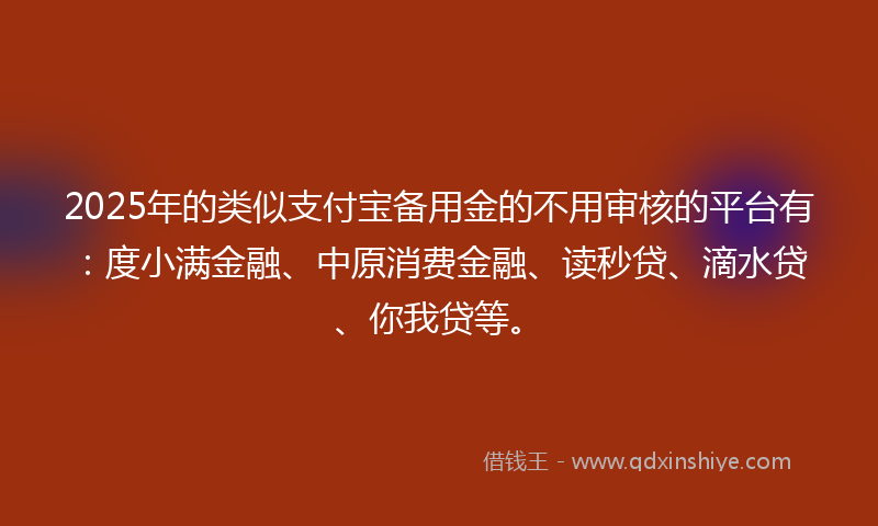 2025年的类似支付宝备用金的不用审核的平台有：度小满金融、中原消费金融、读秒贷、滴水贷、你我贷等。