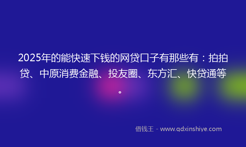 2025年的能快速下钱的网贷口子有那些有：拍拍贷、中原消费金融、投友圈、东方汇、快贷通等。