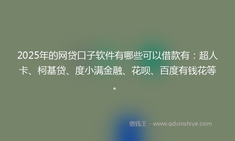 2025年的网贷口子软件有哪些可以借款有：超人卡、柯基贷、度小满金融、花呗、百度有钱花等。